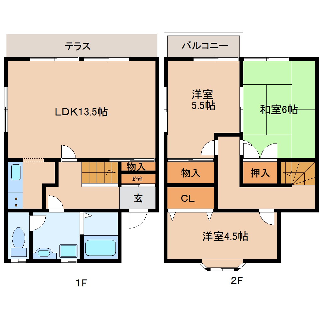 奈良県生駒市北新町テラスハウス 1-2階の物件間取画像
