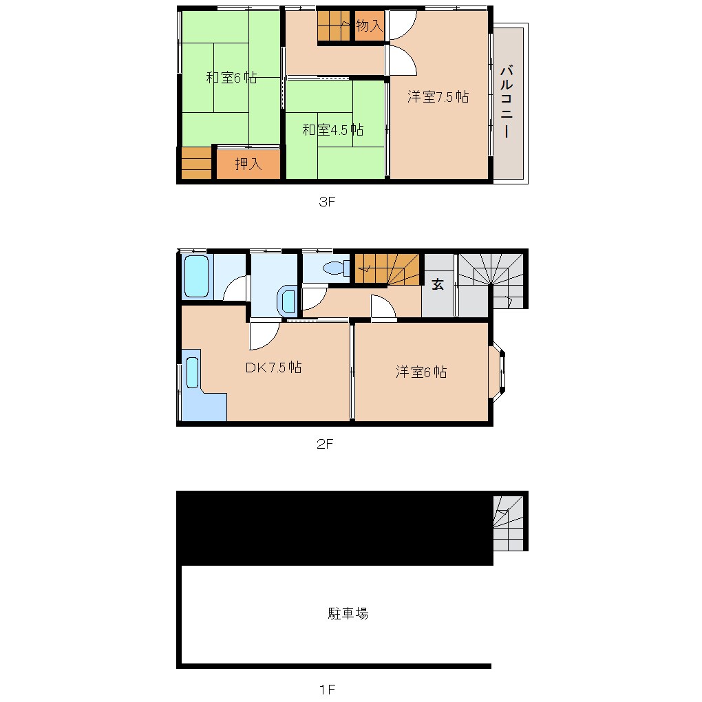 奈良県天理市石上町貸家 1-3階の物件間取画像