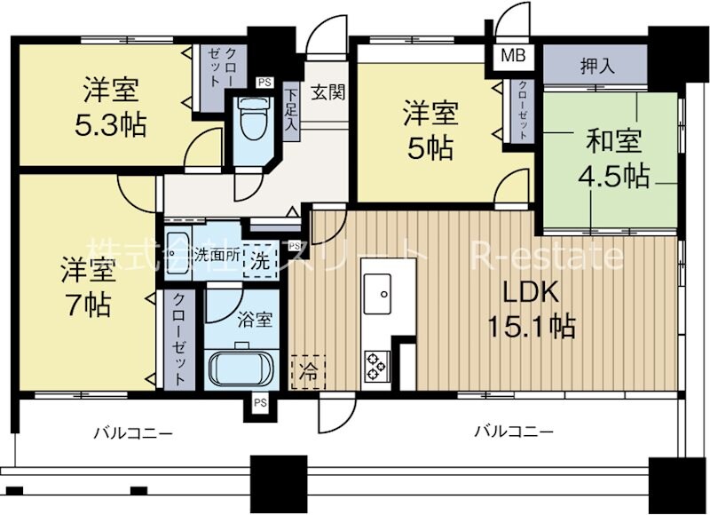 呉服町駅 徒歩10分 13階の物件間取画像