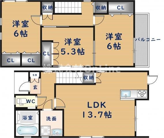 足代南戸建貸家D棟の物件間取画像