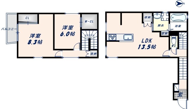 八戸ノ里駅 徒歩15分 1-3階の物件間取画像