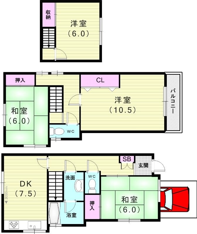 岡町南3階建て戸建の物件間取画像