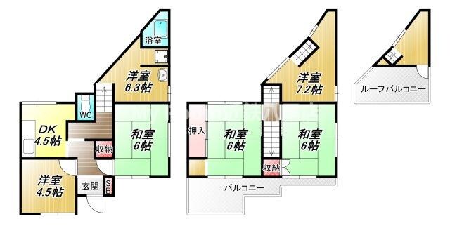 恩智駅 徒歩16分 1-2階の物件間取画像